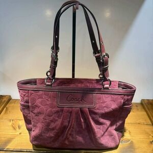 Coach Signature Suede Tote Bag Plum Burgundy/Purple Leather Trim Shoulder Bag
